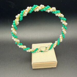Elegant Pearl and Green Beaded Gold Tone Bangle Bracelet
